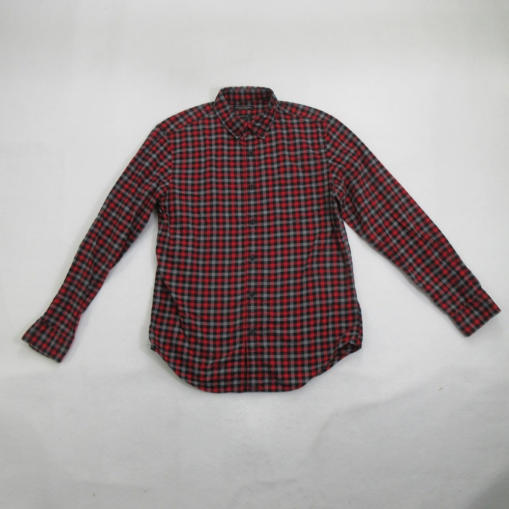 Banana Republic Men's Shirt L Grant Fit Luxe Flannel Plaid Button Down Red Gray